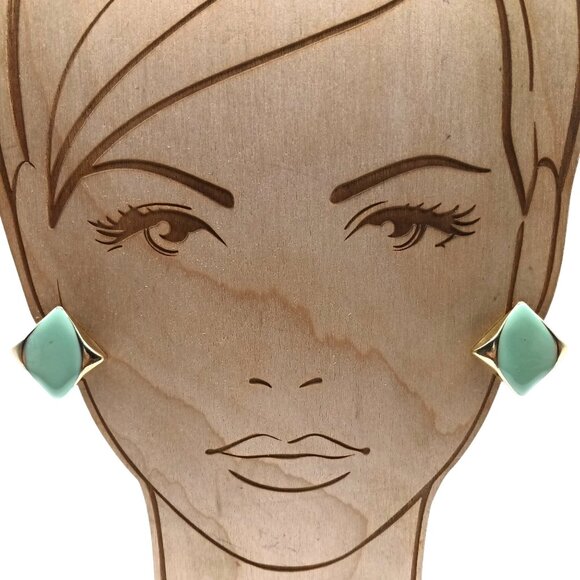 Vintage Gold-Tone Geometric Clip-On Earrings with Mint Green Enamel Finish - Picture 1 of 4